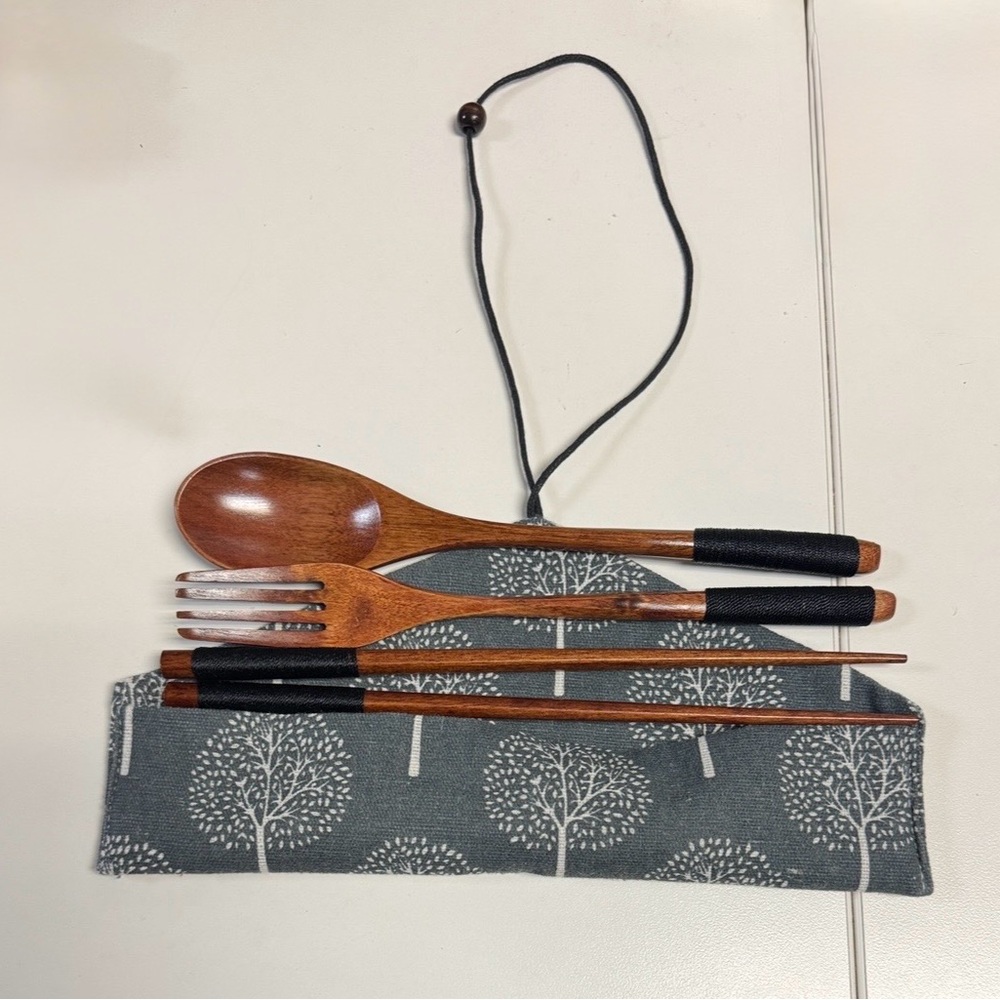 Wooden Travel Cutlery Set with Fabric Pouch - Gray Tree Print- never used!